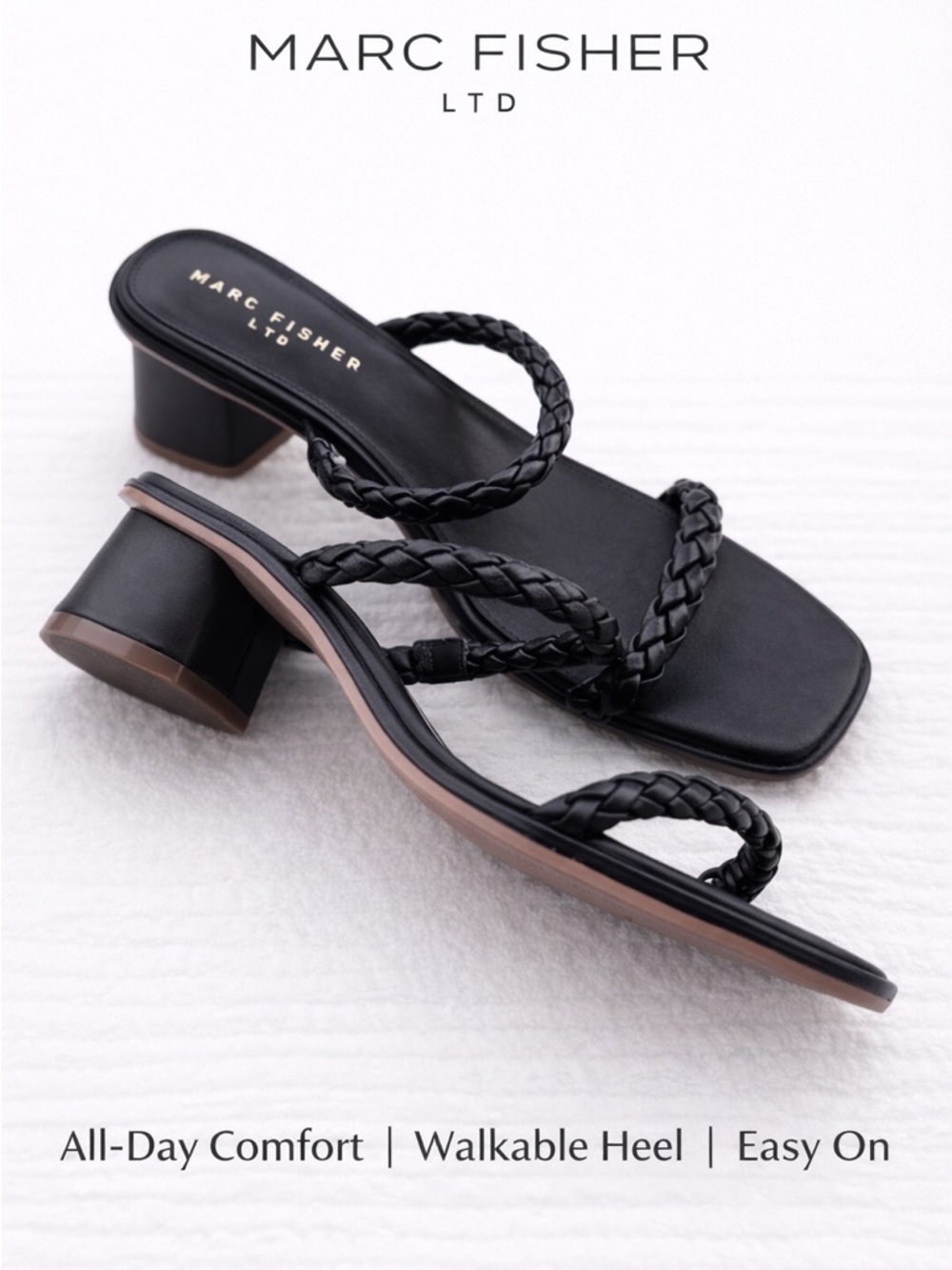 Marc Fisher Braided Leather Slide Heels Black 7.5 Block Heel Sandals